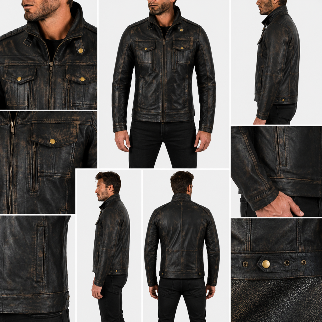Vintage Grey Cafe Racer Leather Motorcycle Jacket