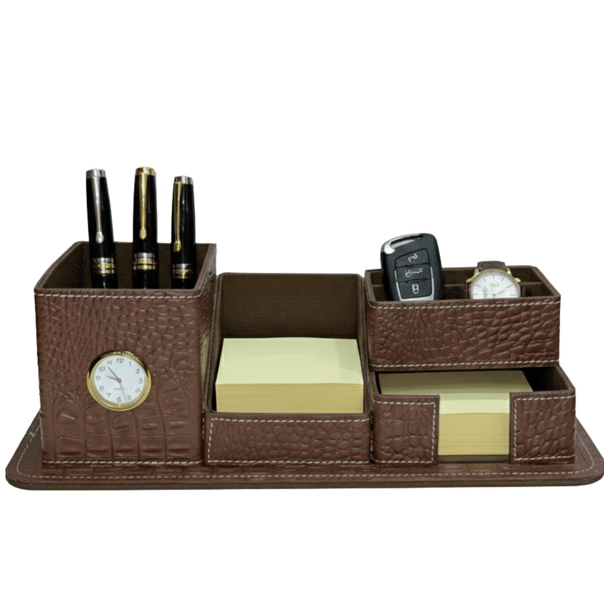 Leather Desk Organizer for Pens with Clock and Crocodile Leather