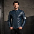 Navy Leather Moto Jacket with Removable Lining