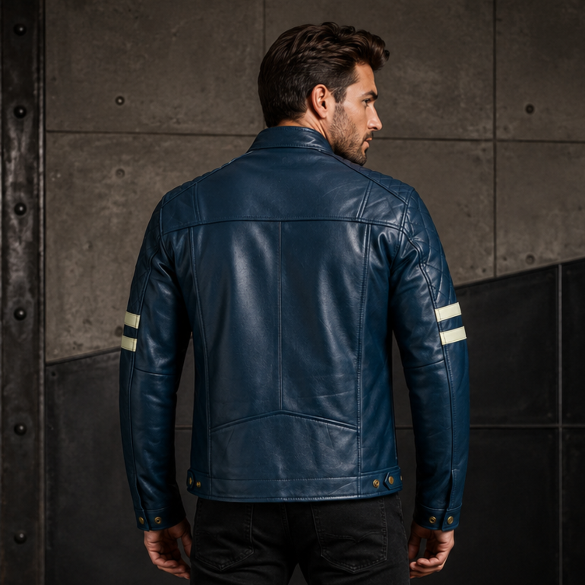 Navy Leather Moto Jacket with Removable Lining