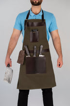 BBQ Apron with Leather Straps and Utility Pockets