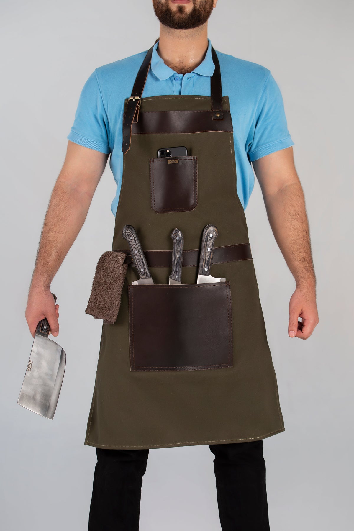 BBQ Apron with Leather Straps and Utility Pockets