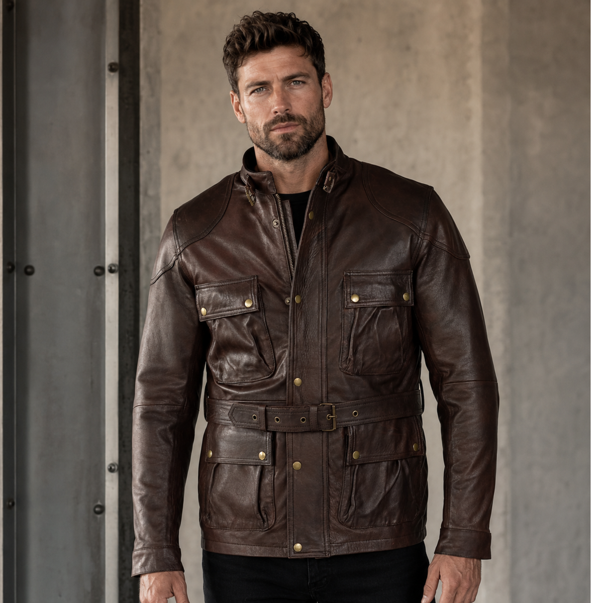Benjamin Button Men’s Leather Motorcycle Jacket in Classic Long Length