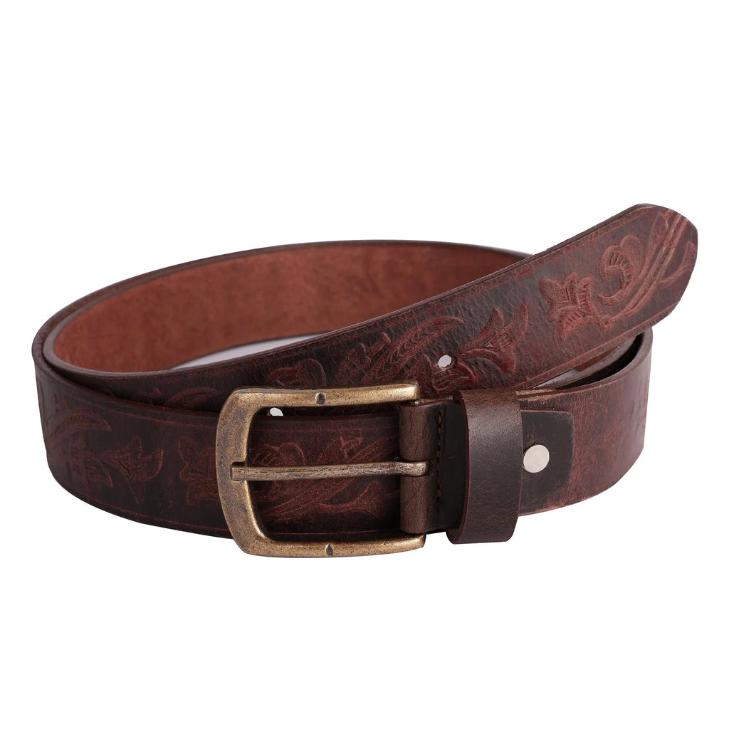 Real Leather Belt with Western Floral Embossed Design