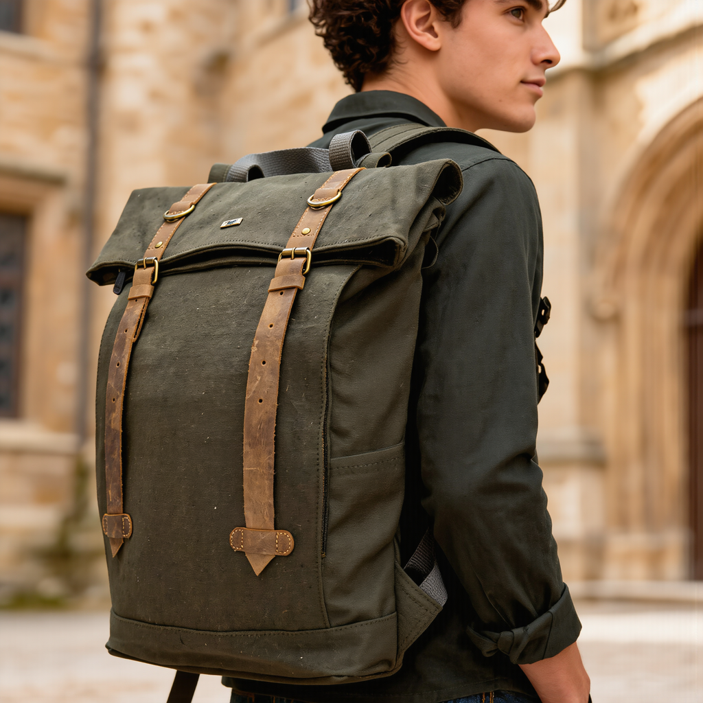 Canvas Backpack with Laptop Pocket, Buckle Closure and Six Pockets
