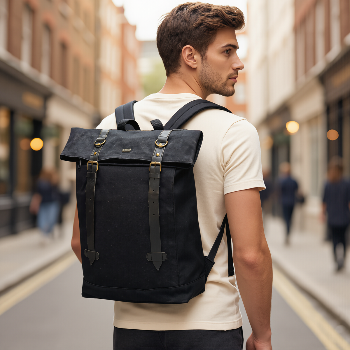 Canvas Backpack with Laptop Pocket, Buckle Closure and Six Pockets