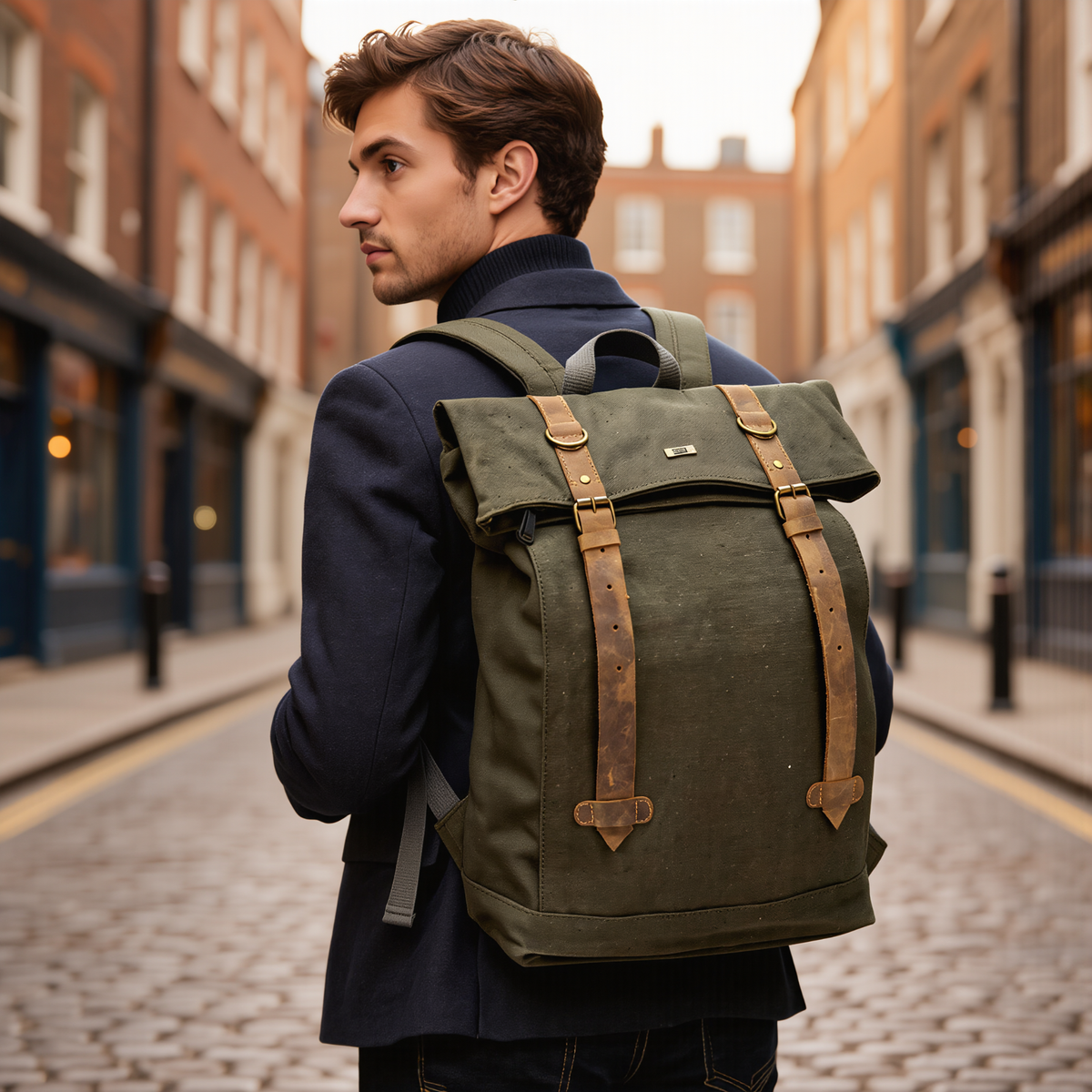Canvas Backpack with Laptop Pocket, Buckle Closure and Six Pockets