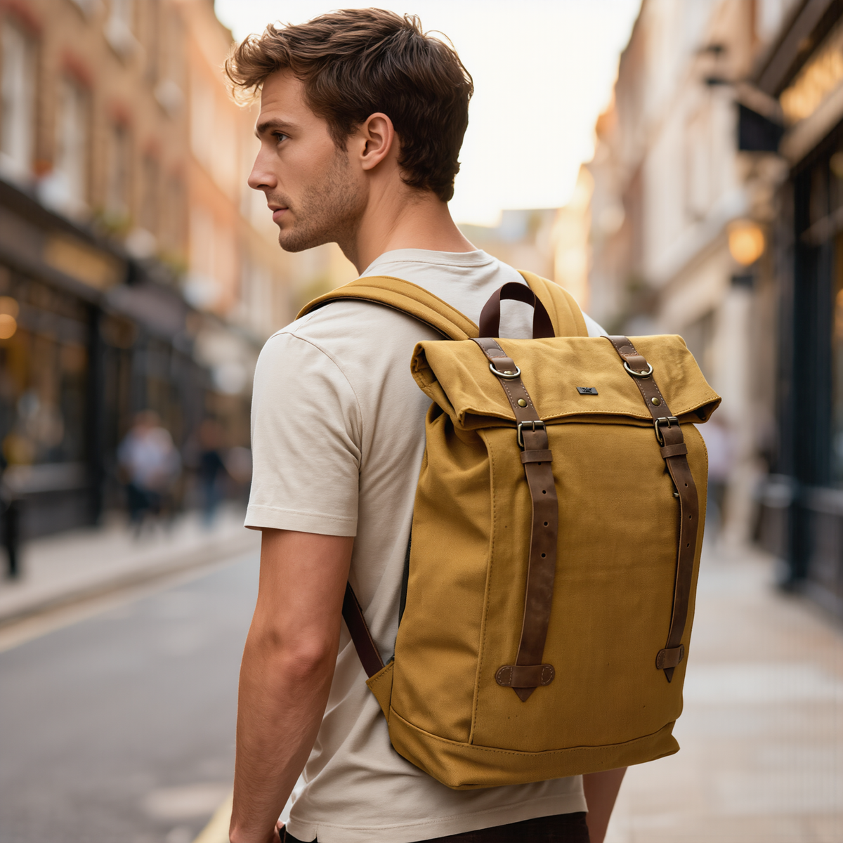 Canvas Backpack with Laptop Pocket, Buckle Closure and Six Pockets