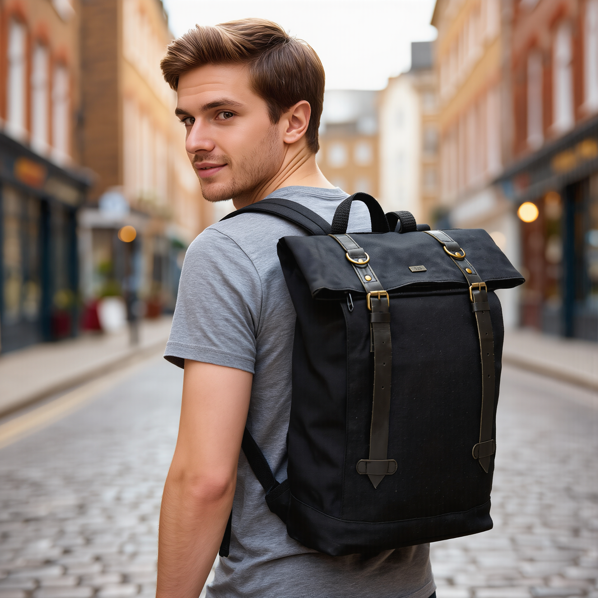 Canvas Backpack with Laptop Pocket, Buckle Closure and Six Pockets