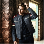 Genuine Leather Biker Jacket with Orange Racing Stripes