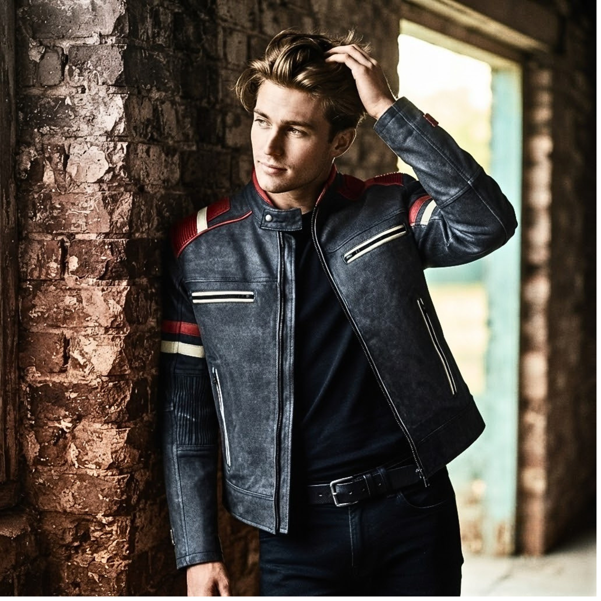 Genuine Leather Biker Jacket with Orange Racing Stripes