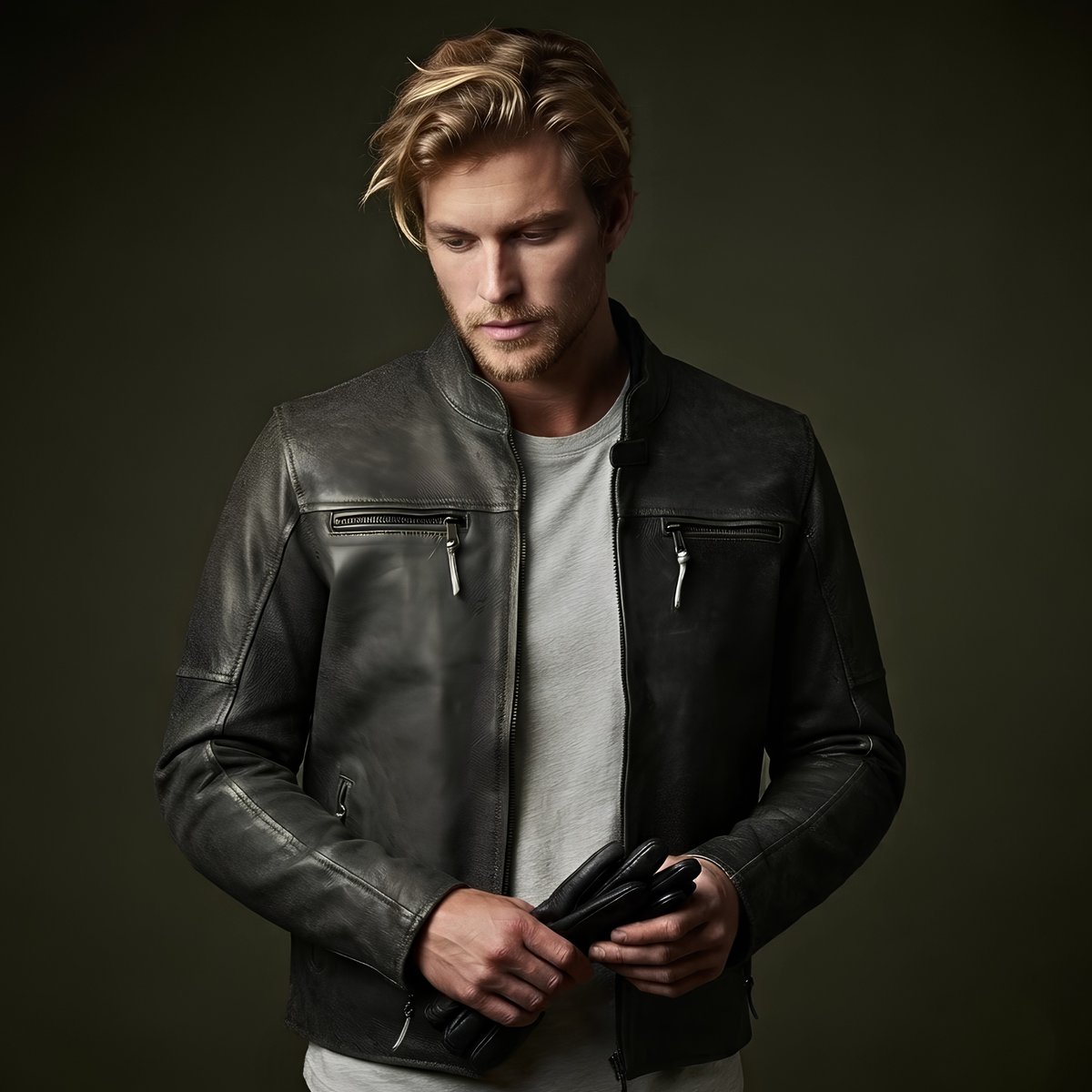Grey Collarless Style with Thermal Liner Moto Jackets