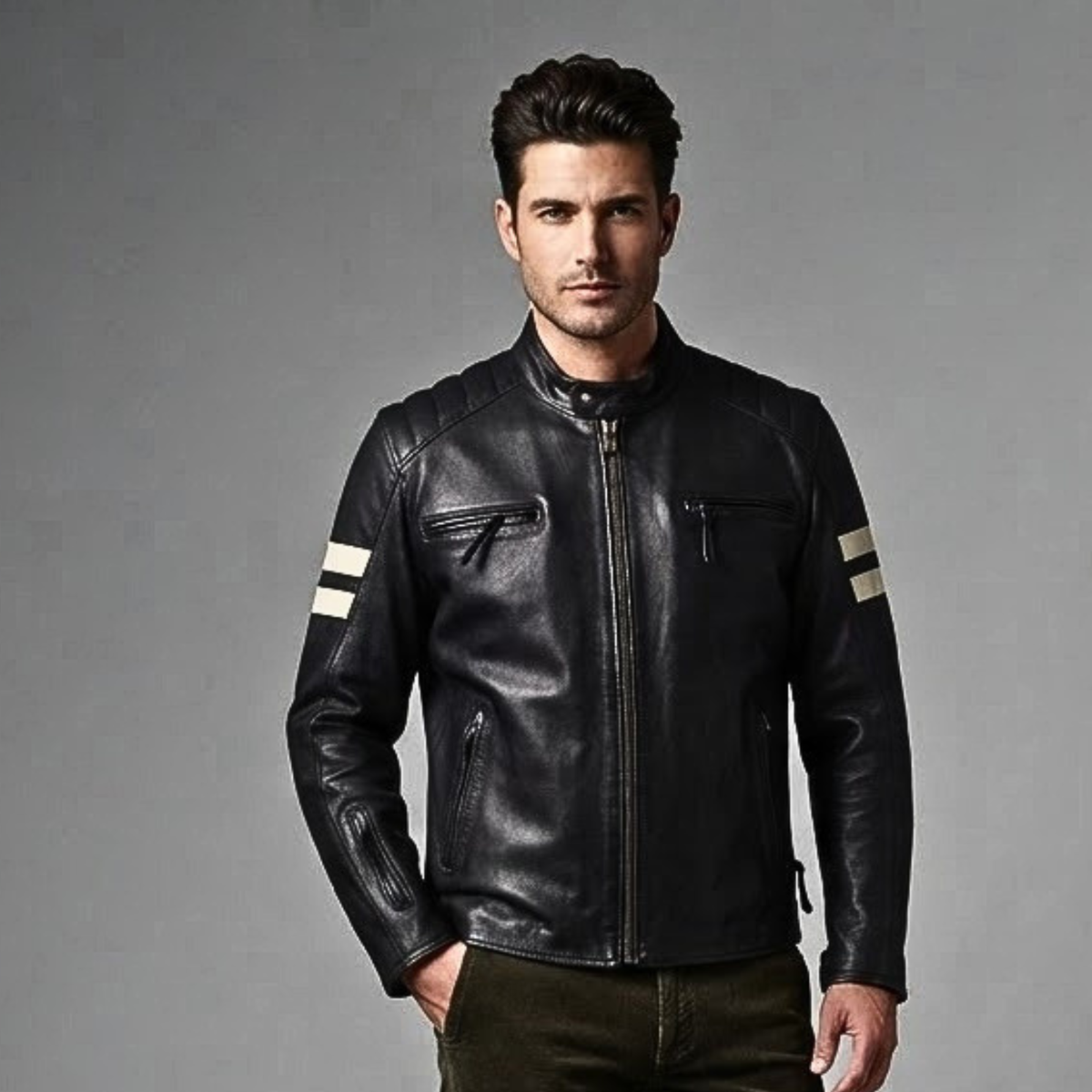 Men’s Cafe Racer Jacket with Ribbed Shoulder Panels
