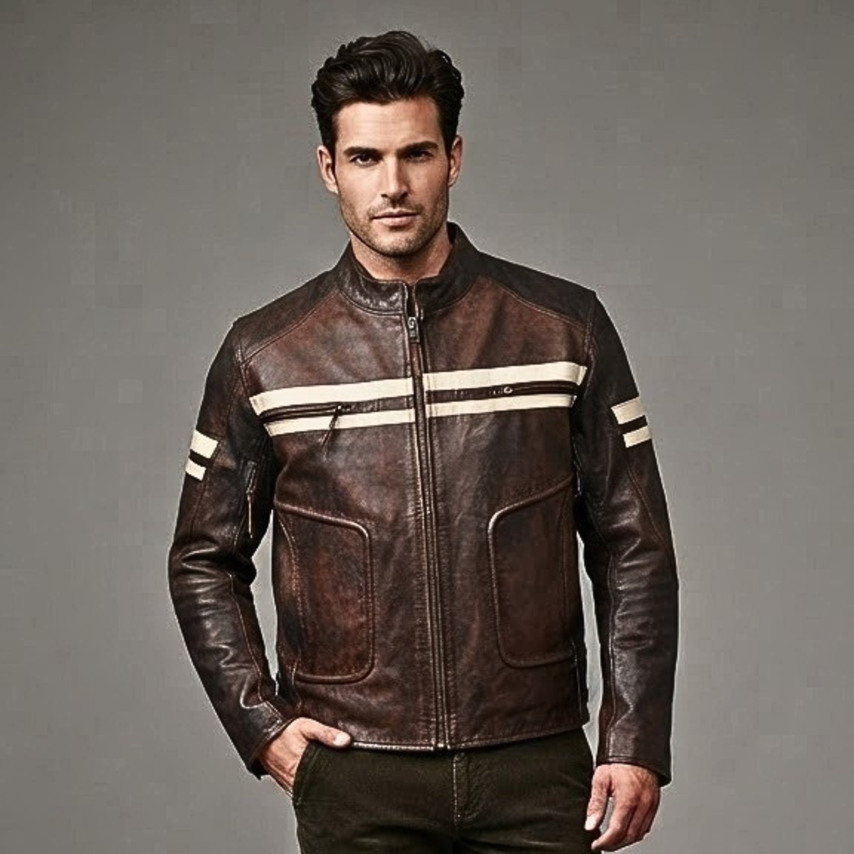 Men’s Cafe Racer Jacket with Ribbed Shoulder Panels