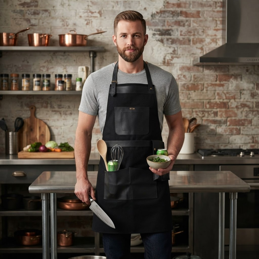 Leather Cooking Apron with Leather Straps and Large Pockets