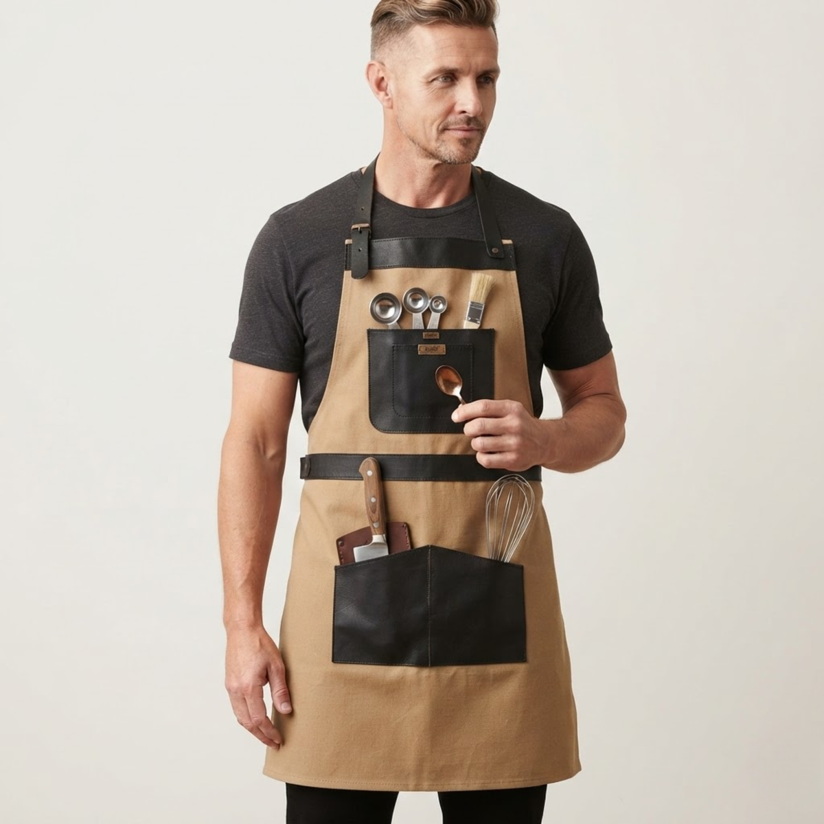 Leather Cooking Apron with Leather Straps and Large Pockets