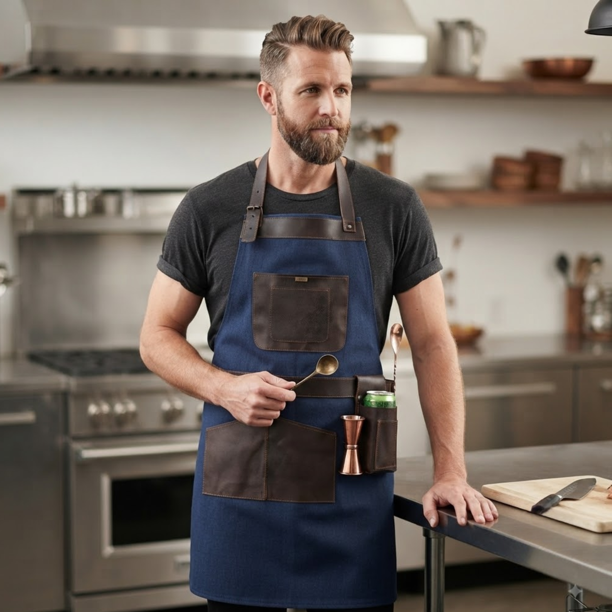 Leather Cooking Apron with Leather Straps and Large Pockets