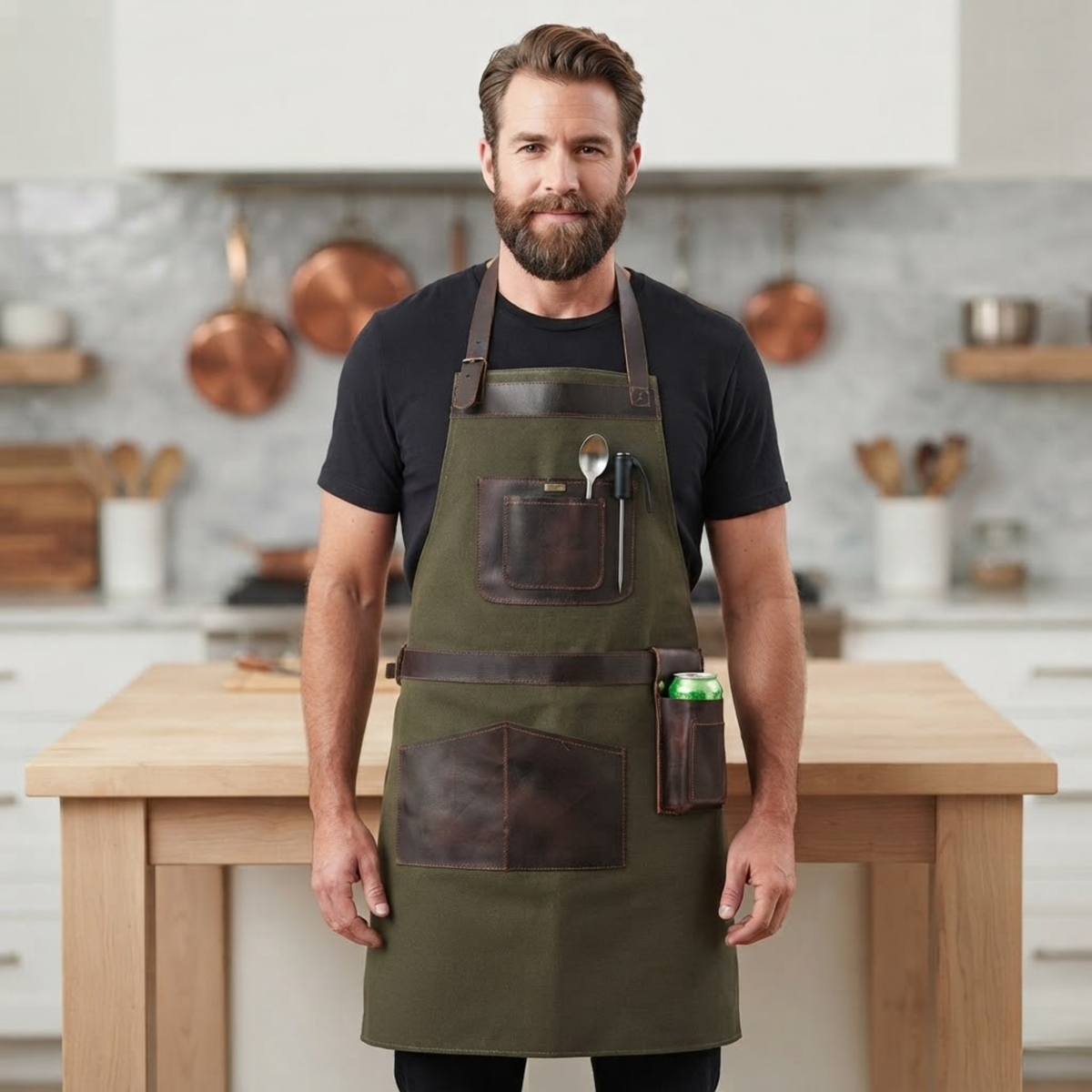 Leather Cooking Apron with Leather Straps and Large Pockets