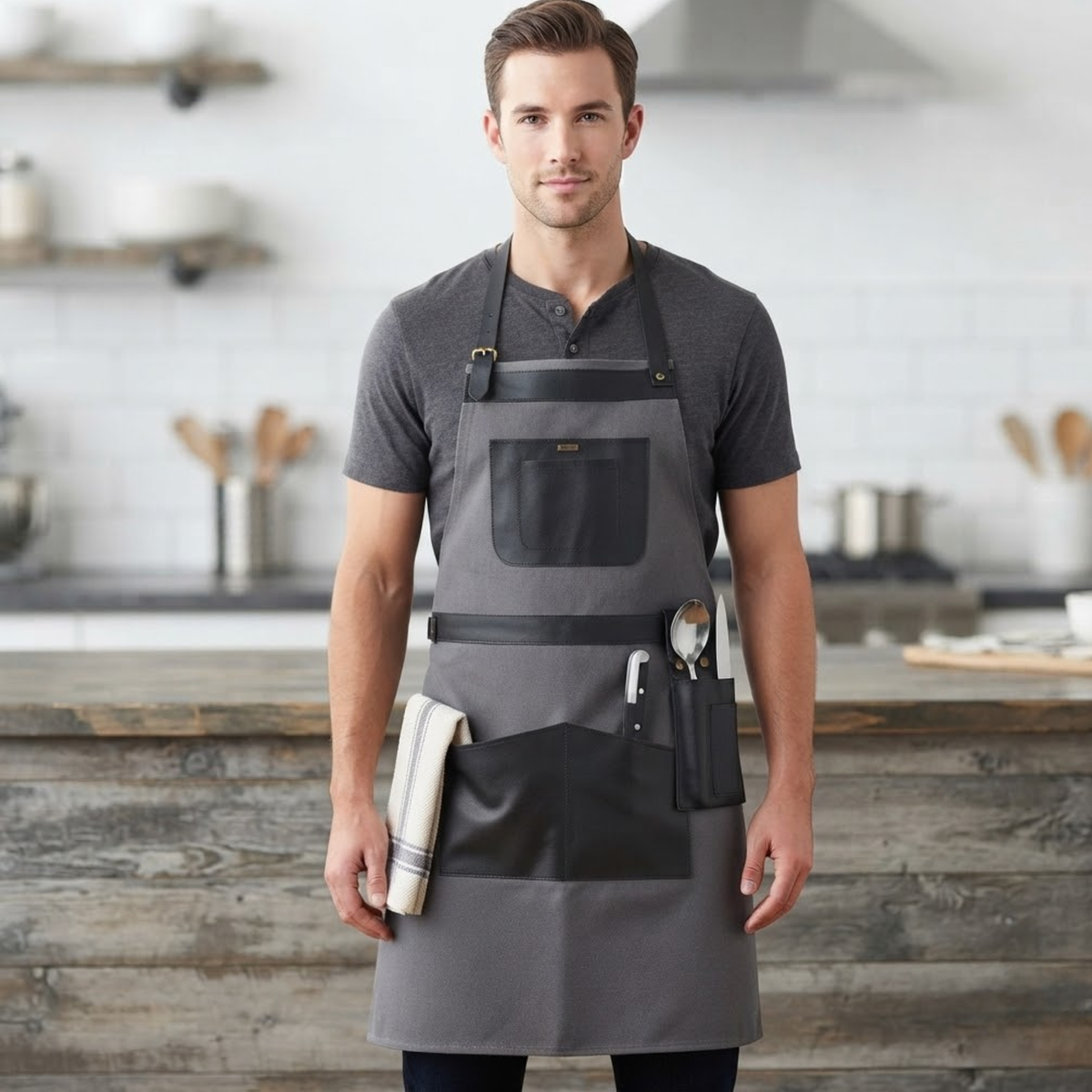 Leather Cooking Apron with Leather Straps and Large Pockets