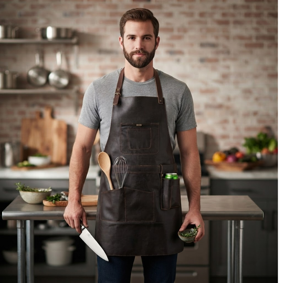 Leather Cooking Apron with Leather Straps and Large Pockets