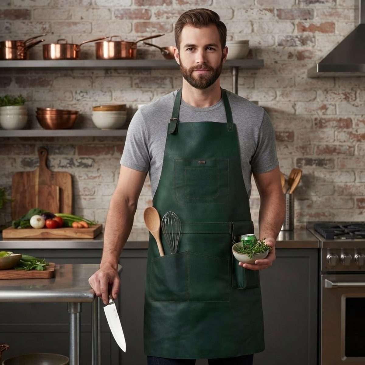 Leather Cooking Apron with Leather Straps and Large Pockets