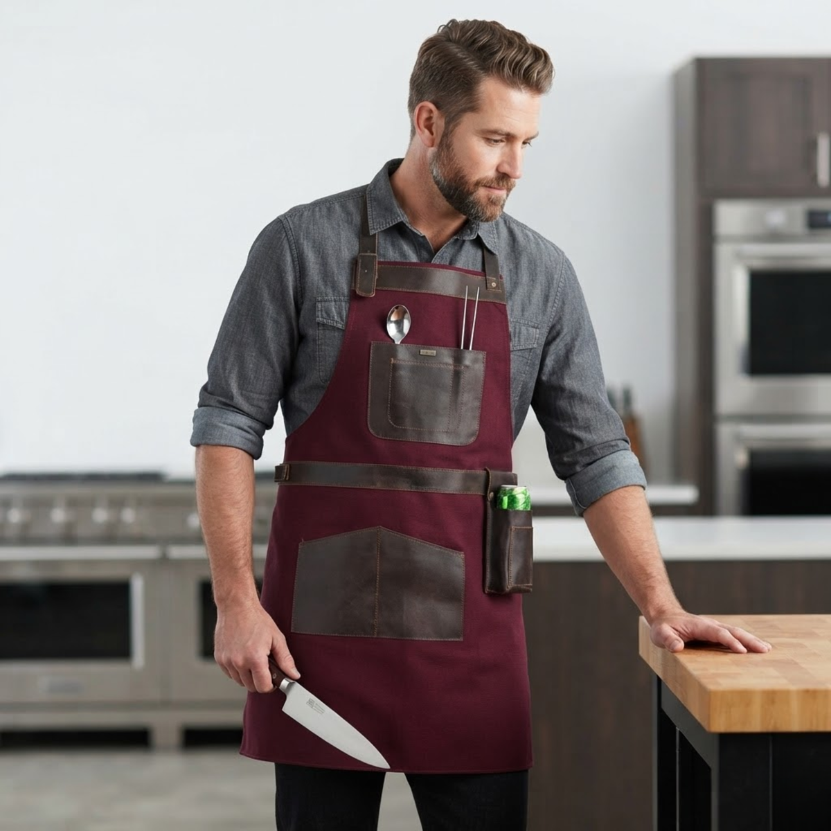Leather Cooking Apron with Leather Straps and Large Pockets