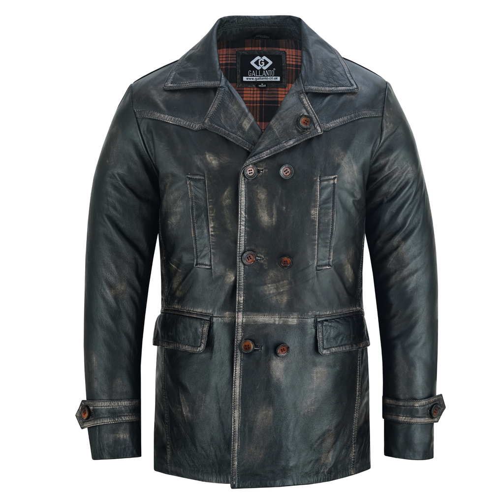 Men’s Leather Blazer with Double-Breasted Military Styling