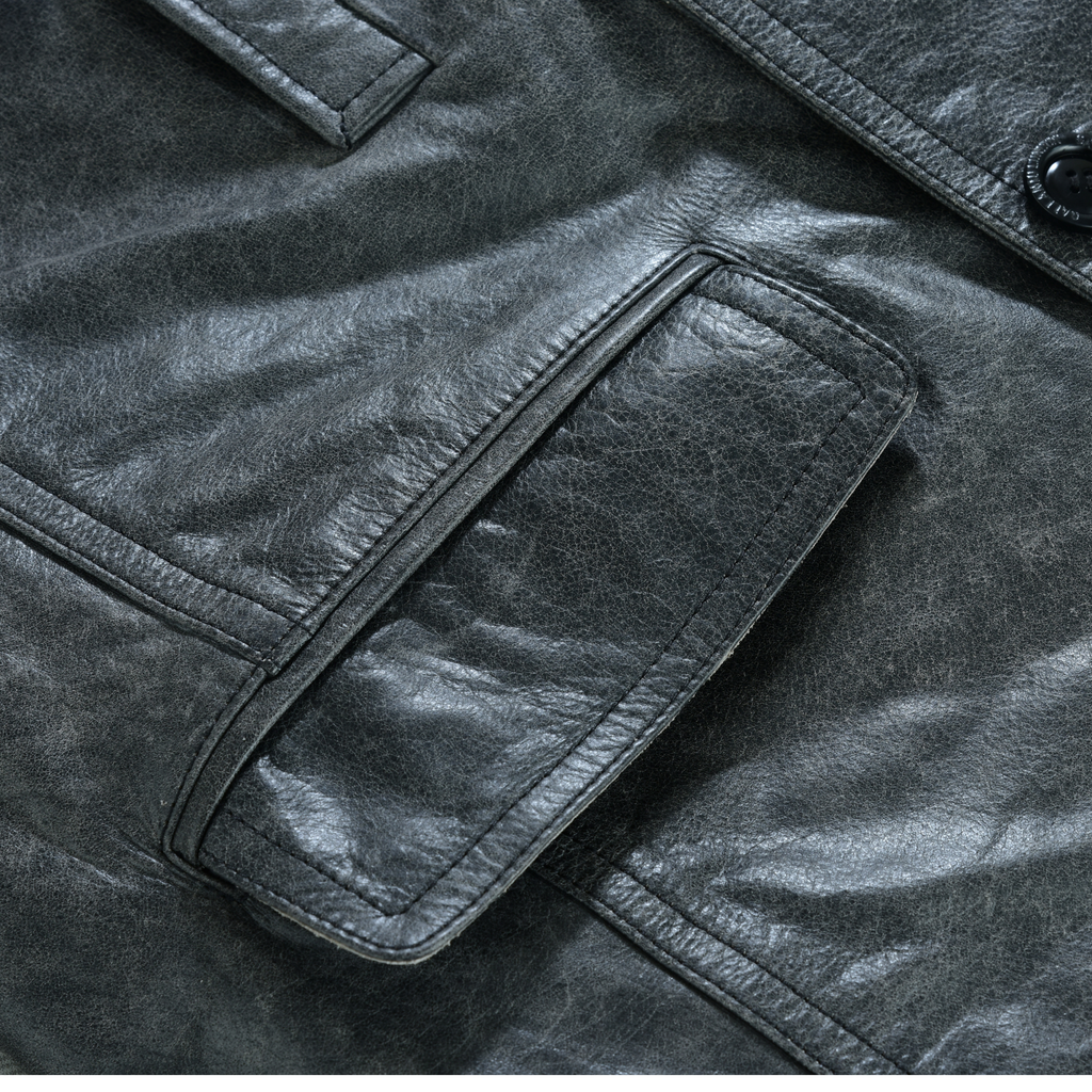 Men’s Leather Blazer with Double-Breasted Military Styling