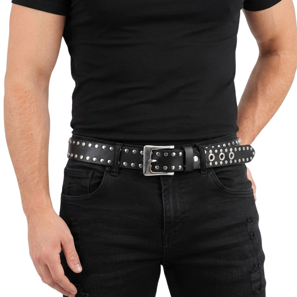 Men’s Western Leather Belts with Double Silver Rivets