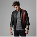 Best Mens Leather Biker Jacket with Dual Red Stripes