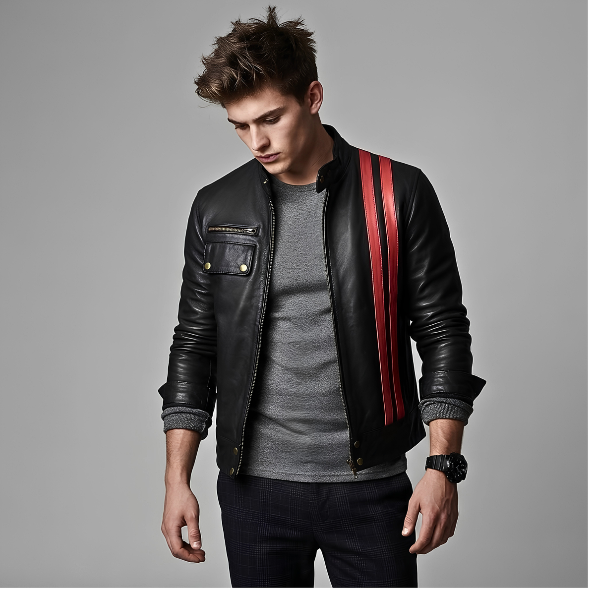 Best Mens Leather Biker Jacket with Dual Red Stripes