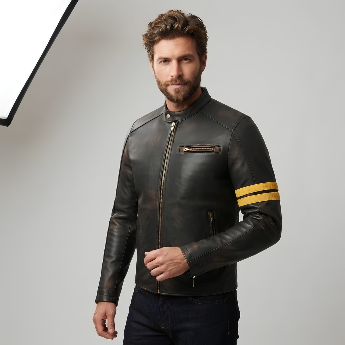 Real Leather Jackets Distressed Café Racer with Racing Stripes