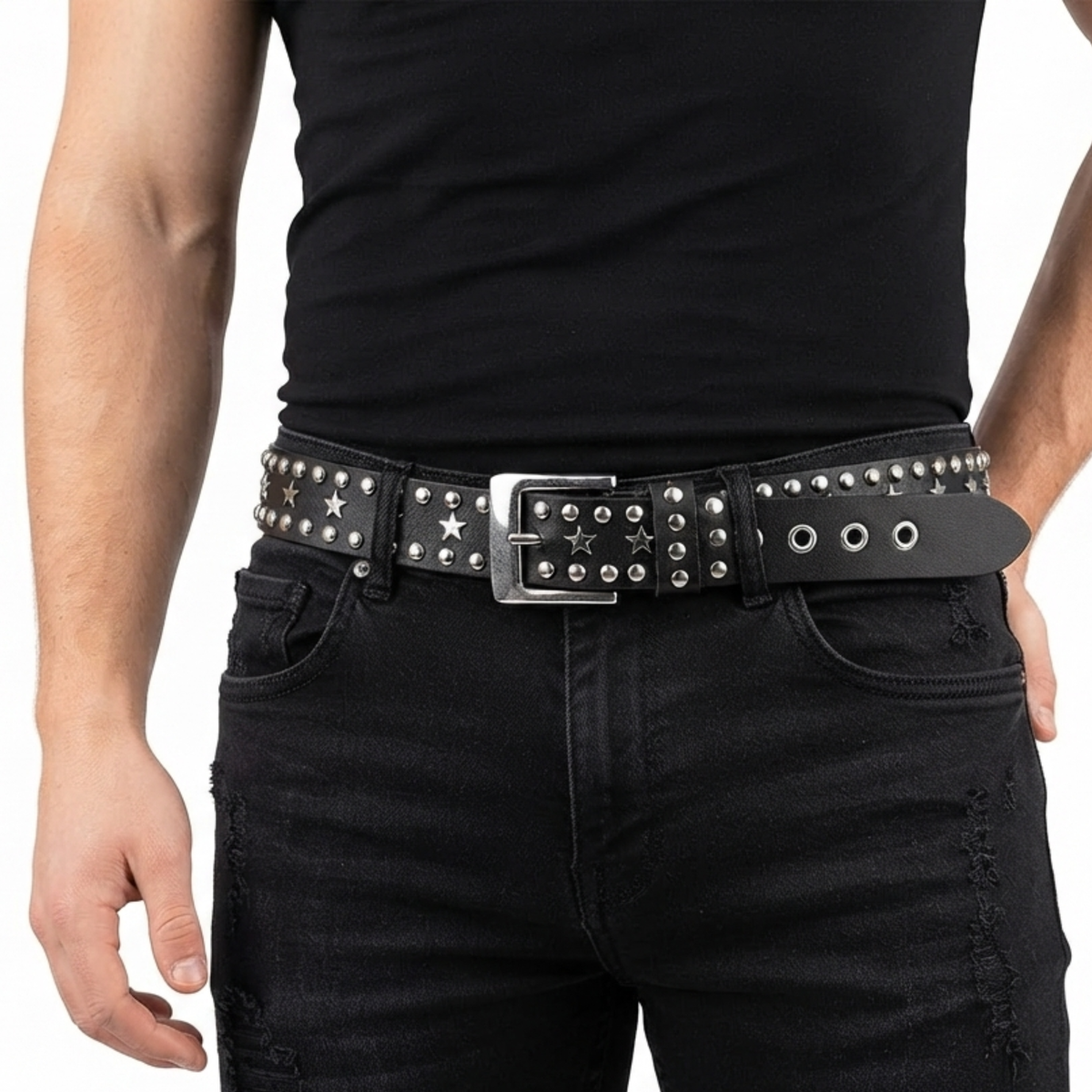 Men’s Western Belts with Chrome Stars and Metal Studs