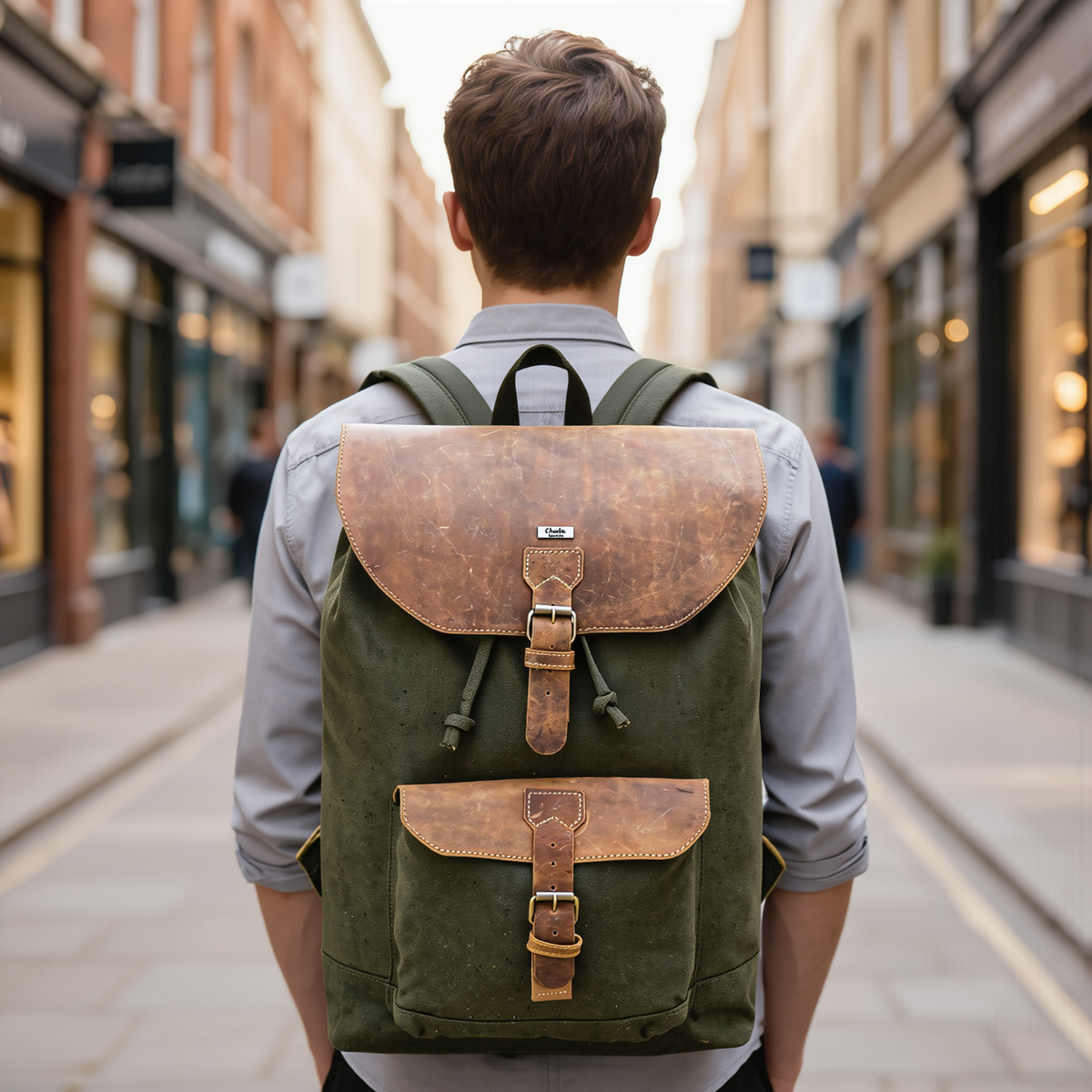 Canvas Travel Backpack Men with Leather Trim and Laptop Compartment