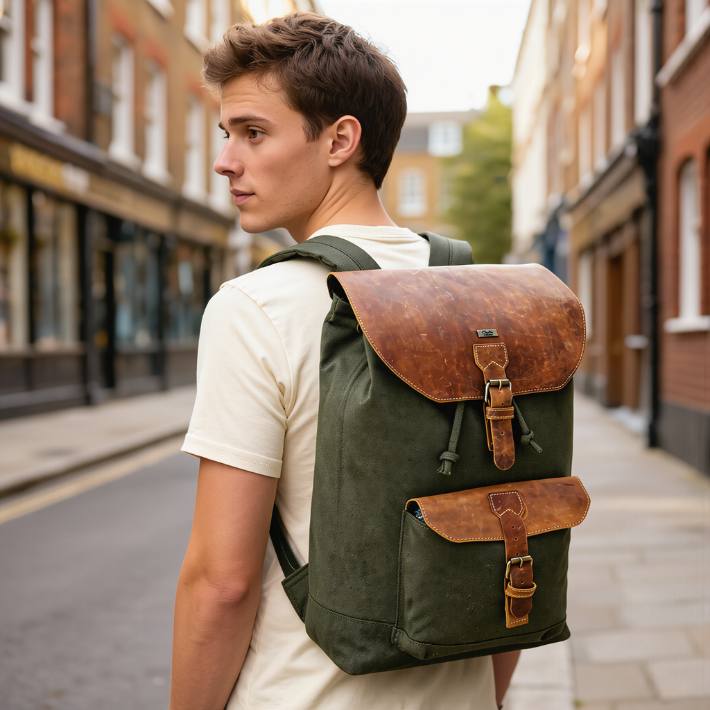 Canvas Travel Backpack Men with Leather Trim and Laptop Compartment