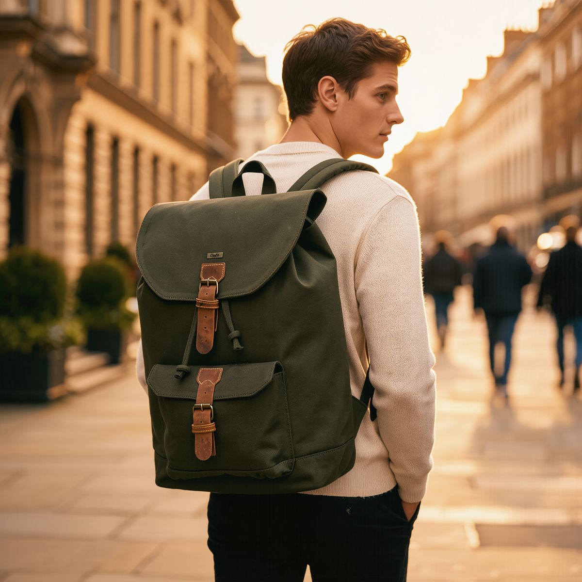 Canvas Travel Backpack Men with Leather Trim and Laptop Compartment
