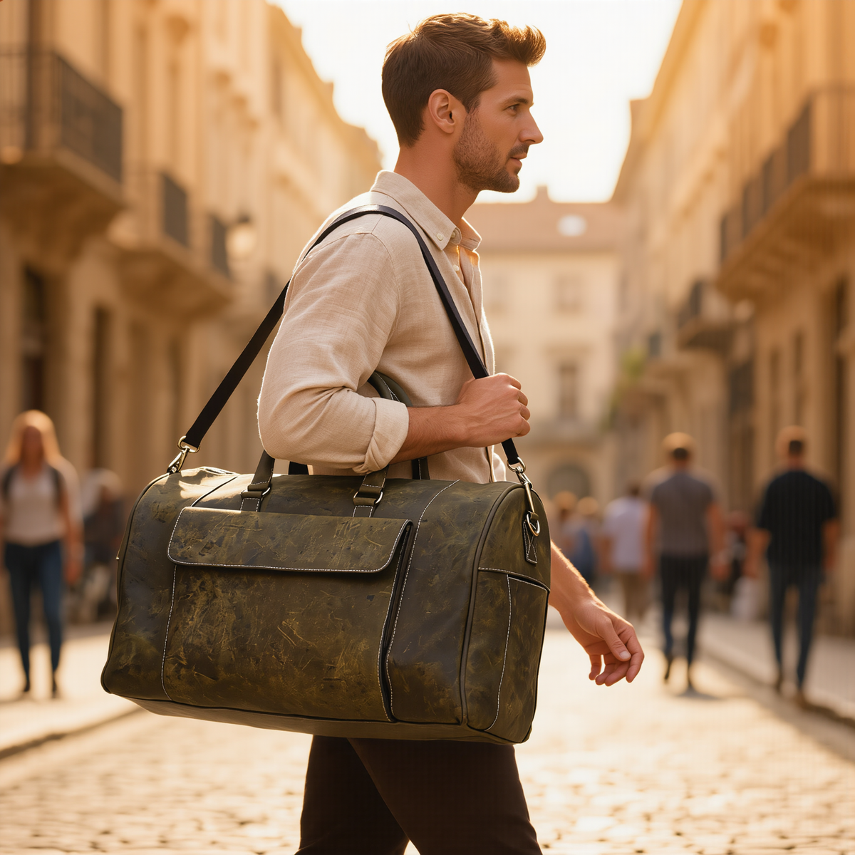 Mens Duffle Bag in Crazy Horse Leather with Shoe Compartment