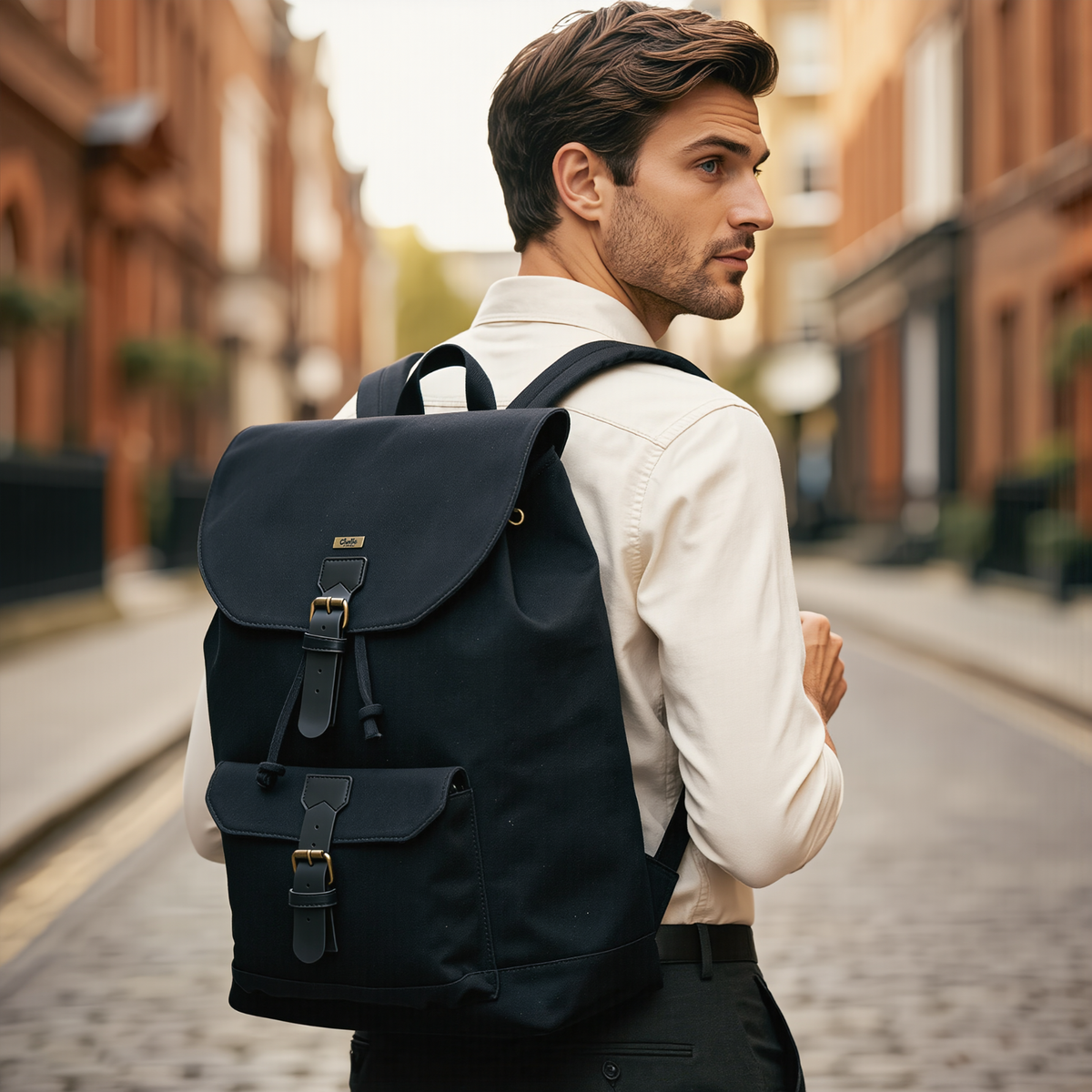 Canvas Travel Backpack Men with Leather Trim and Laptop Compartment