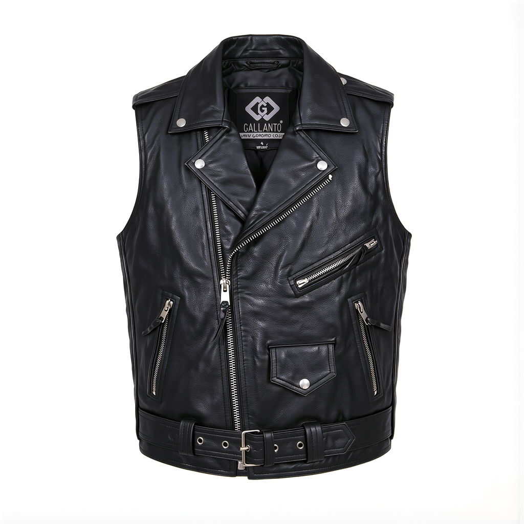 Leather Biker Vest Mens Brando Style with YKK Front Zip