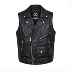Leather Biker Vest Mens Brando Style with YKK Front Zip