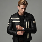Motor Jacket for Men Black Café Racer with Cream Stripes