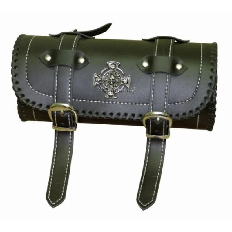 Genuine Leather Motorcycle Fork Bag with Iron Cross Skull Badge