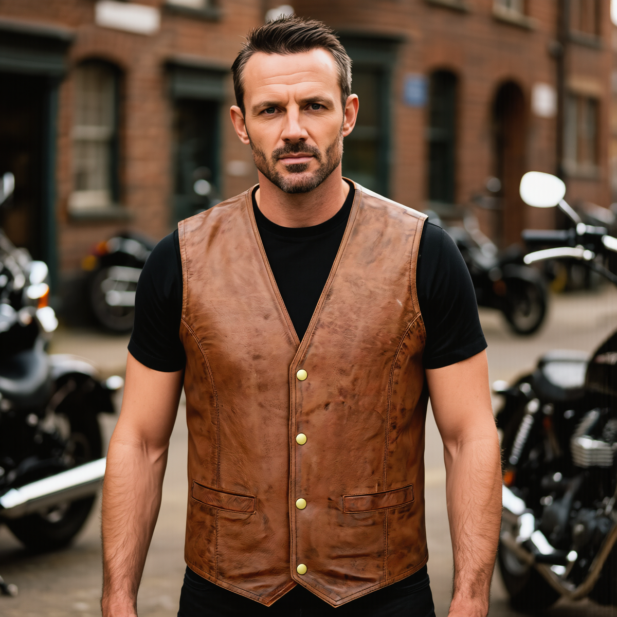 Leather Biker Vest with Classic Snap Button Front