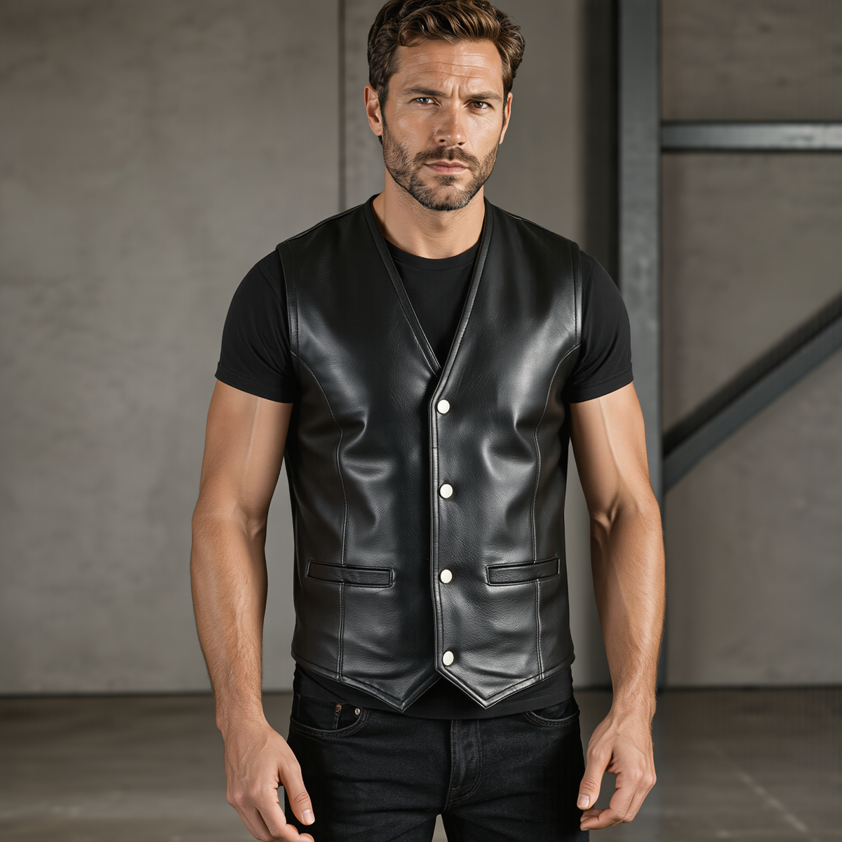 Leather Biker Vest with Classic Snap Button Front