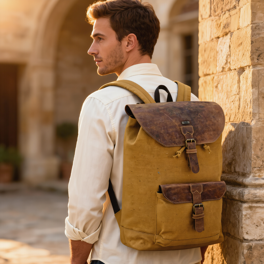 Canvas Travel Backpack Men with Leather Trim and Laptop Compartment