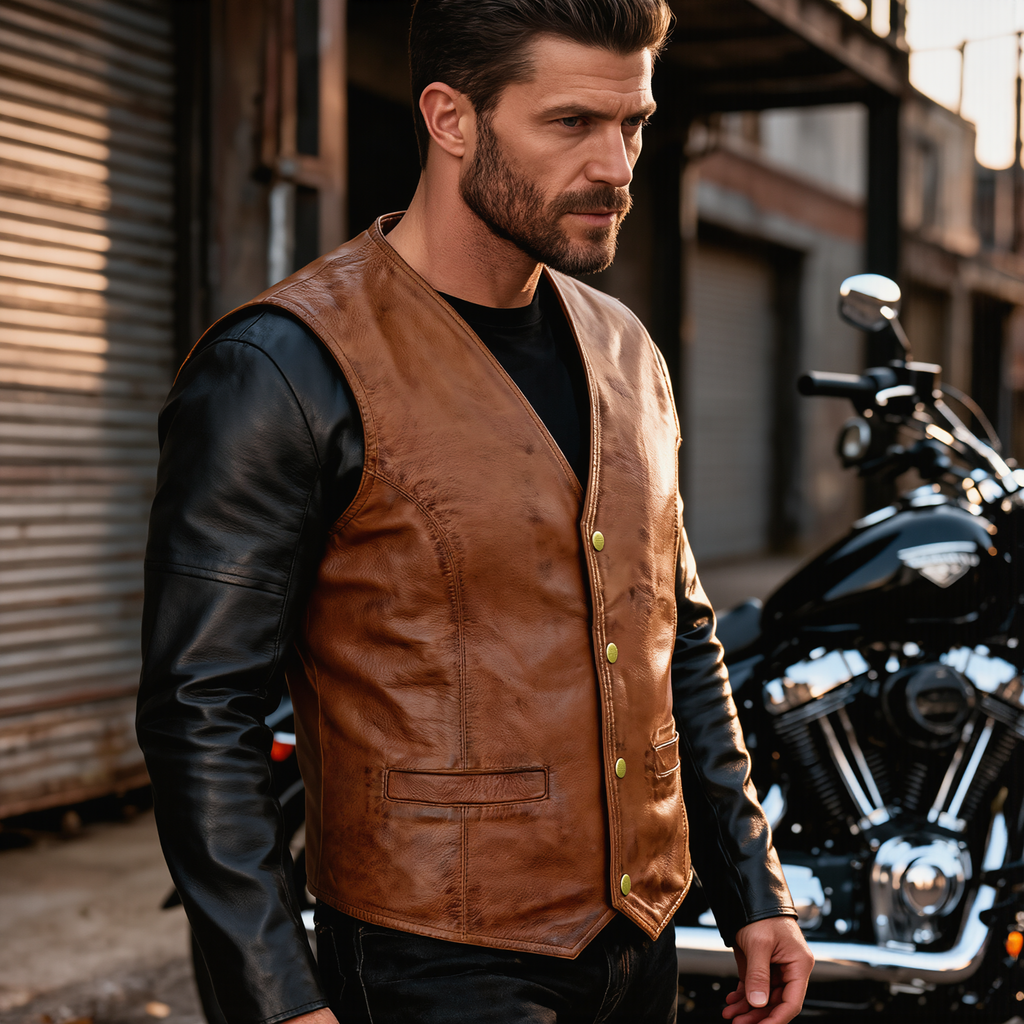 Leather Biker Vest with Classic Snap Button Front