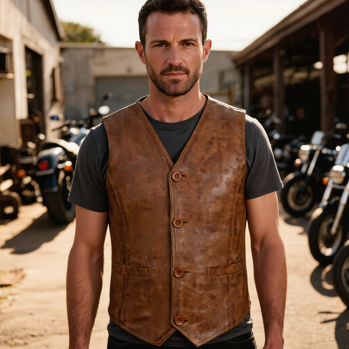 Mens Biker Vest in Classic Soft Leather and Suede Styles