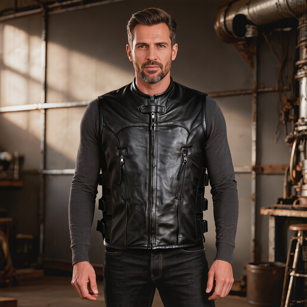 Leather Moto Vest with Adjustable Side Straps for Riding