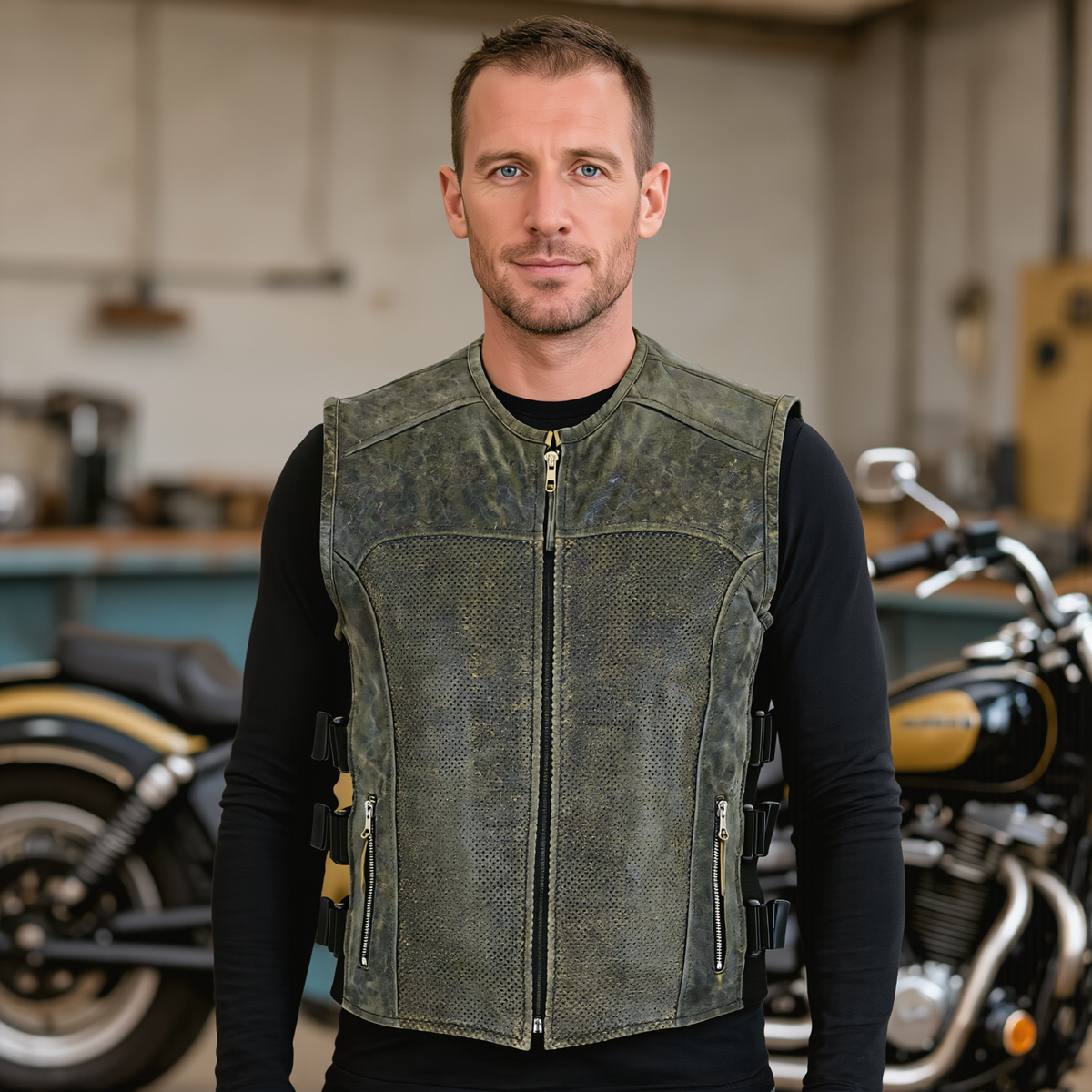 Mens Motorcycle Vest with Perforated Leather Panels