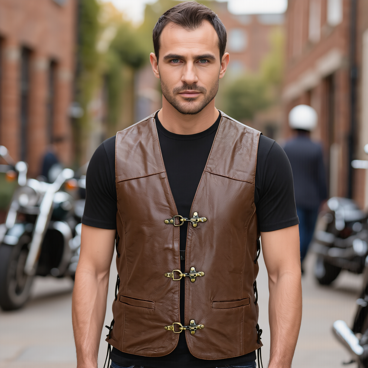 Leather Bike Vest with Silver Hooks and Adjustable Laces